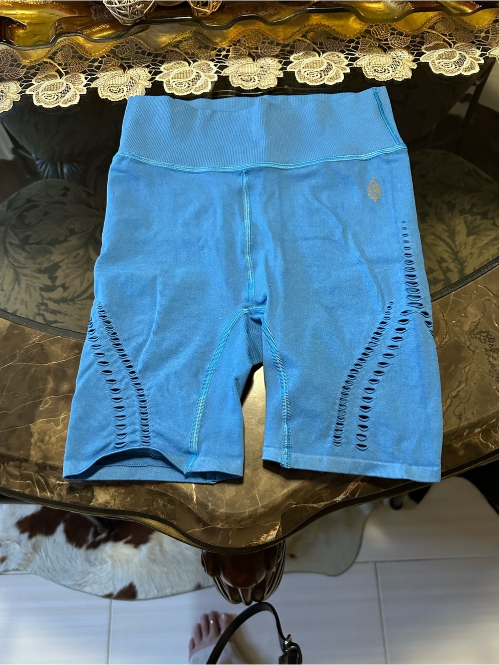 Free People Blue Laser-Cut High-Rise Bike Shorts